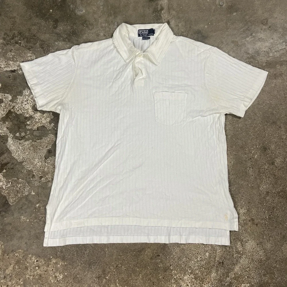 Vintage 90s Polo Ralph Lauren Polo Shirt Size Large Cream Verticals Ribbed Pony
